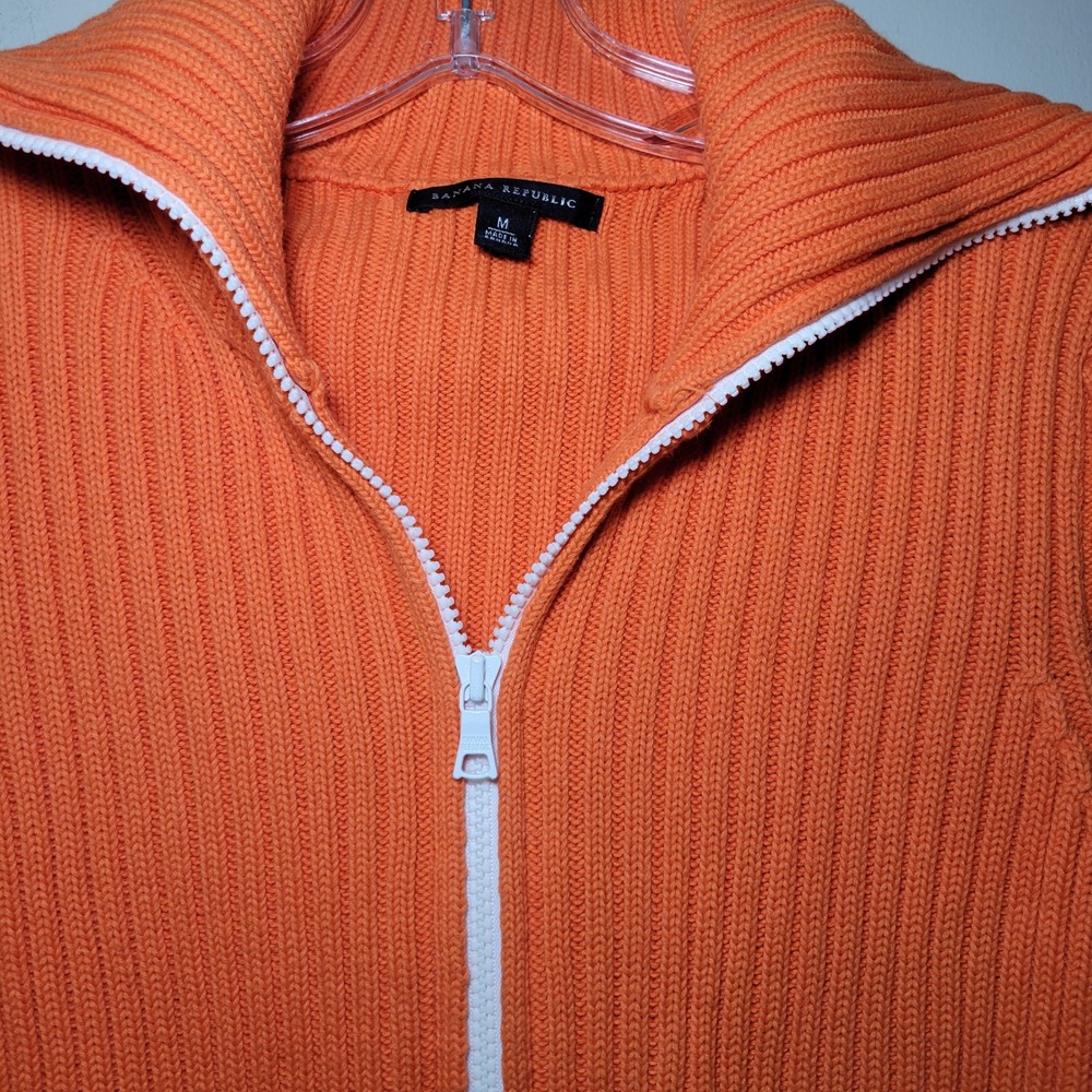 Banana Republic Ribbed Collared Zip Up Woman's Sweater Orange/White Medium‎ - Picture 4 of 9